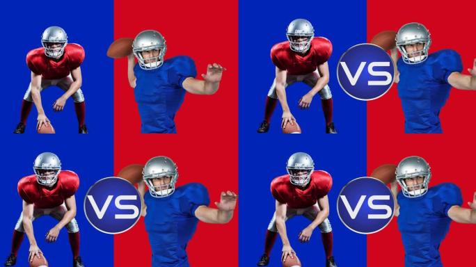 来自红色和蓝色背景的两支球队的美式足球运动员的vs文本动画