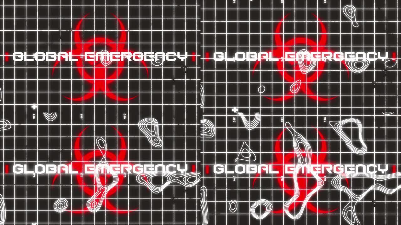 黑色背景上的警告标志上的全球紧急文本动画