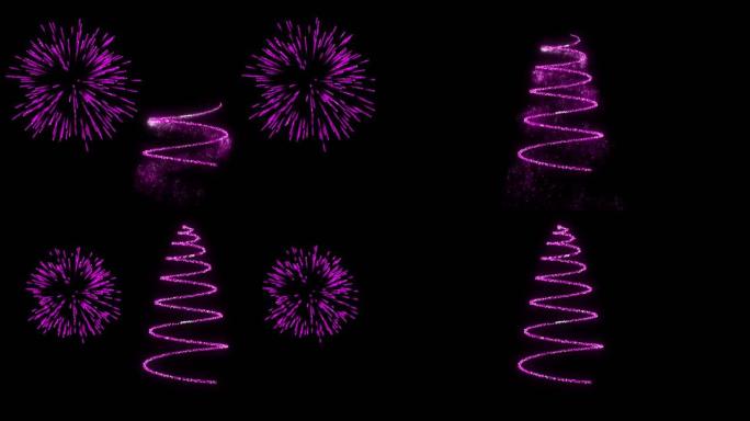 粉红圣诞节和新年烟花在夜空中爆炸的动画