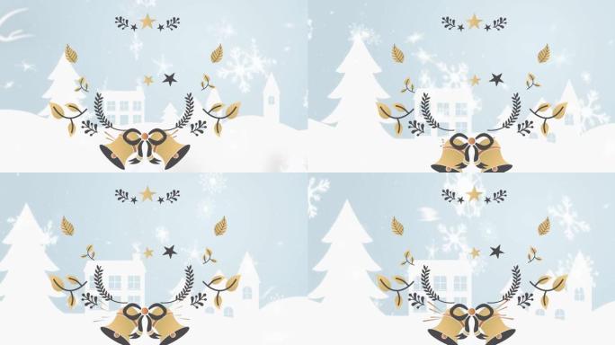 复制空间和蓝色背景上的雪的圣诞装饰动画