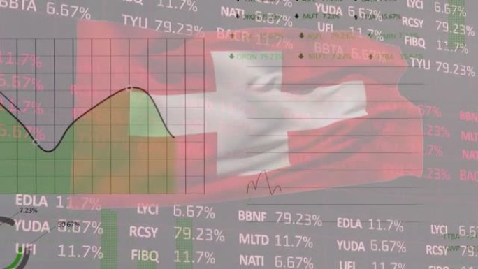 灰色背景上的瑞士国旗上的图形和数据处理动画
