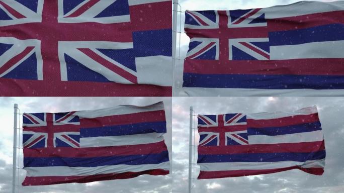带有雪花背景的夏威夷冬季旗。美利坚合众国