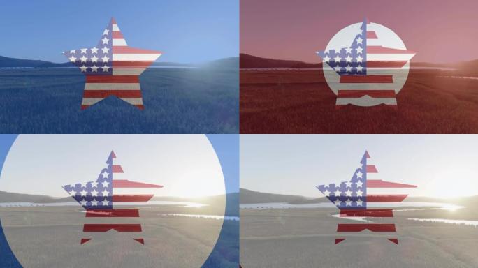动画的红，白，蓝圈和美国国旗的星星在海滩和晴朗的天空