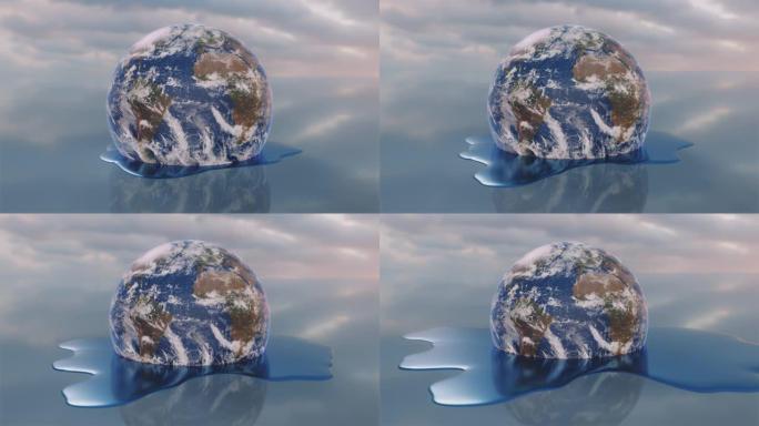 地球融化成水。全球变暖象征性动画。