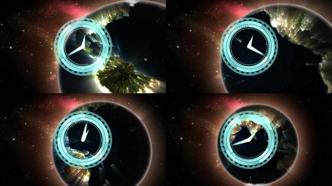 黑色背景上的时钟移动和地球仪动画
