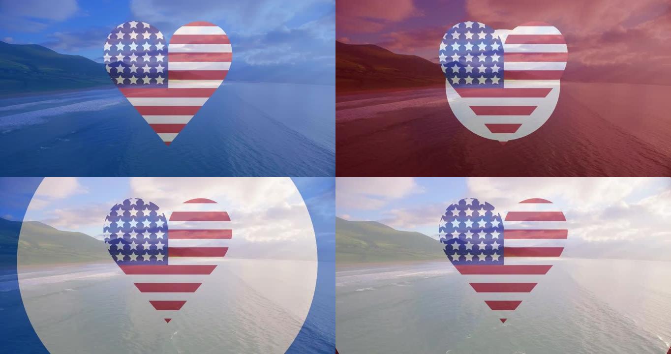 动画的美国国旗的心脏形状和红色，白色和蓝色的圆圈在阳光灿烂的海滩和海洋