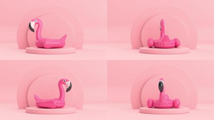4k分辨率视频: 夏季游泳池可充气橡胶粉色火烈鸟玩具旋转粉色圆柱体产品舞台基座粉色背景