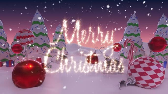圣诞快乐的文字和雪落在冬天风景上的圣诞装饰品和树木上