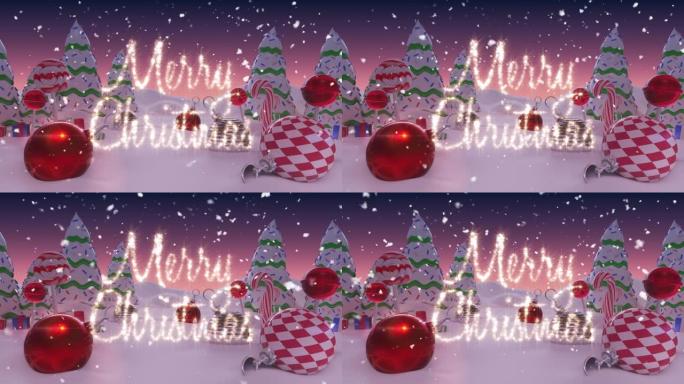 圣诞快乐的文字和雪落在冬天风景上的圣诞装饰品和树木上
