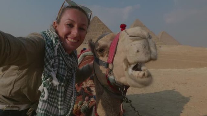 在埃及旅行的年轻女子与骆驼合影。女性在开罗的吉萨大金字塔观光，与骆驼合影。旅游概念