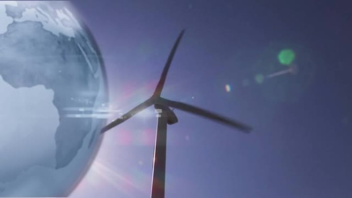 风力涡轮机上的地球仪在蓝天上的动画