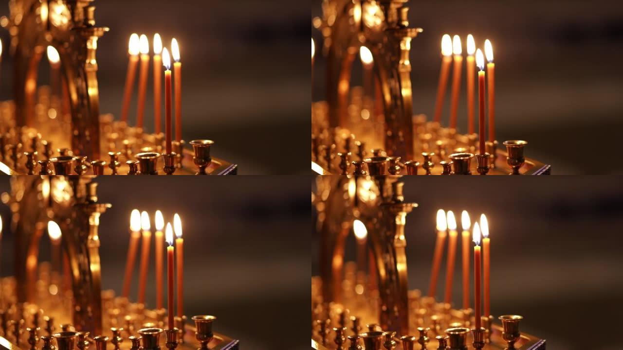蜡烛教堂燃烧，东正教和天主教徒，圣殿中的宗教属性
