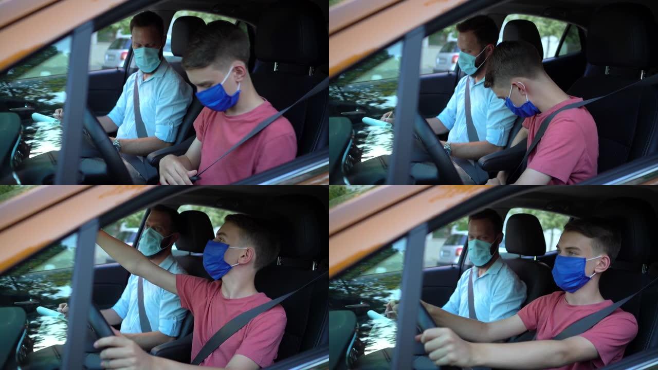 男孩在新型冠状病毒肺炎期间参加驾驶考试