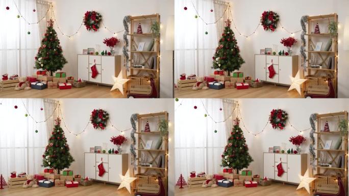 新年室内，白色调的枞树。装饰有礼物的圣诞树和舒适空房间的地板上的礼物。明亮的房子，带有圣诞庆典装饰