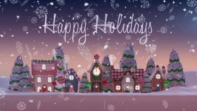 节日快乐文字和雪花落在冬季景观上的多个房屋和树木上