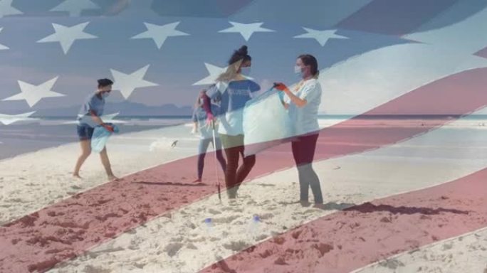 动画中的美国国旗上的人们戴着口罩清洁海滩