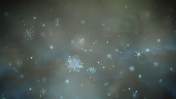 黑色背景上的圣诞节雪花飘落在烟雾和散景灯上的动画