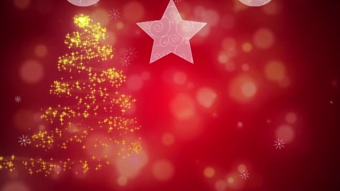 在红色背景上的小玩意上形成圣诞树的发光星星的动画