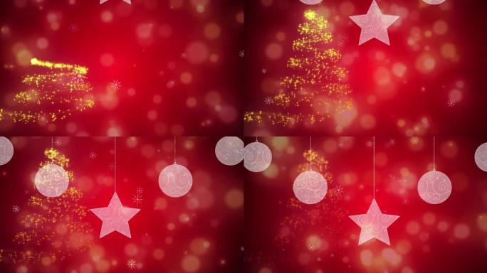 在红色背景上的小玩意上形成圣诞树的发光星星的动画