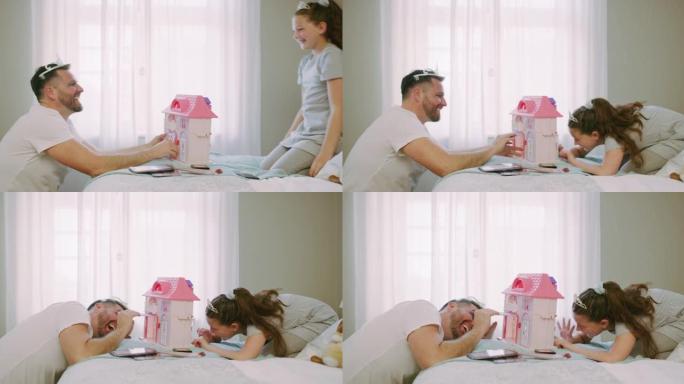 4k视频片段，父亲与女儿在家里的卧室里假装玩耍