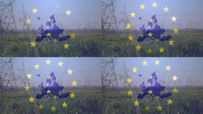欧盟国旗旋转的星星的动画和电力塔上的欧洲地图