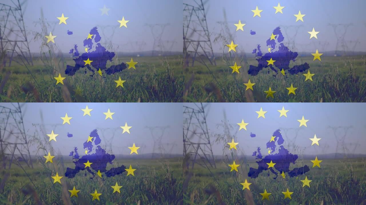 欧盟国旗旋转的星星的动画和电力塔上的欧洲地图