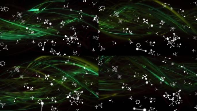 黑色背景上白色分子结构上发光绿色股的动画
