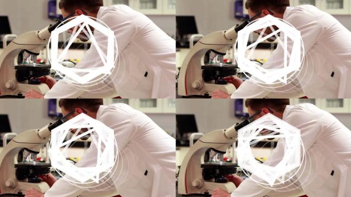 使用显微镜在男性科学家上旋转的形状动画