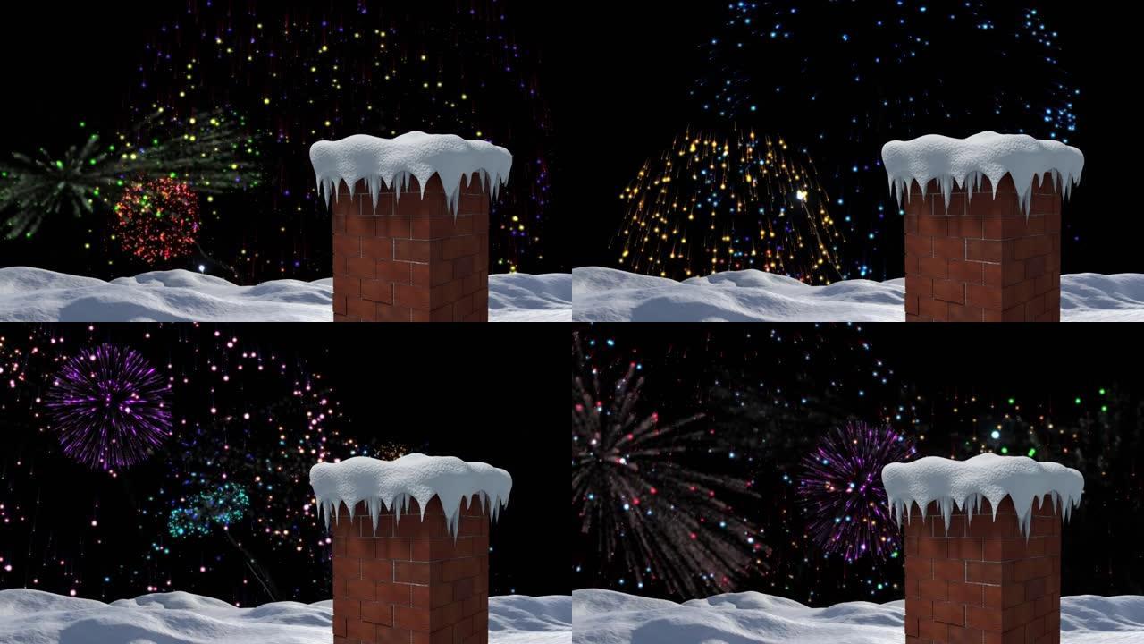 烟花在积雪覆盖的屋顶和烟囱上爆炸的动画