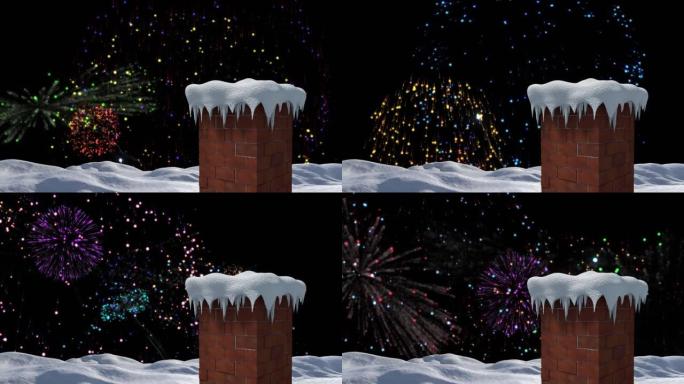 烟花在积雪覆盖的屋顶和烟囱上爆炸的动画
