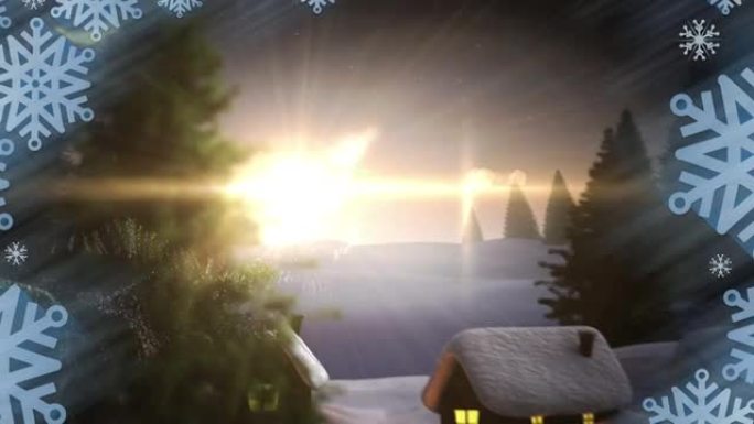 雪花图案反对流星在冬季景观上围绕圣诞树旋转