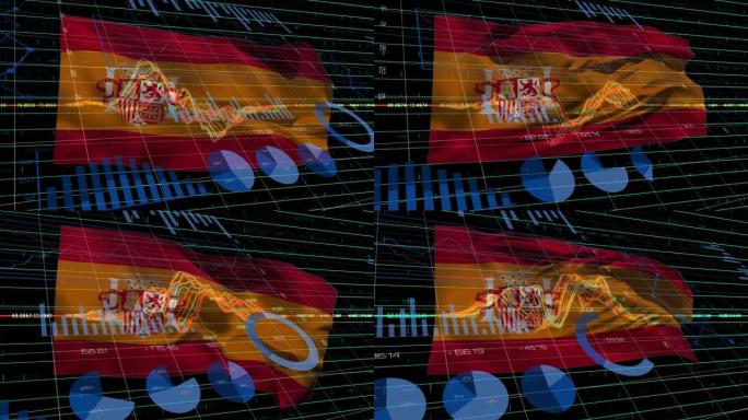 黑色背景上的西班牙国旗上的数据处理和图形动画