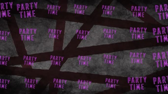灰色图案上重复紫色字母的聚会时间文本动画