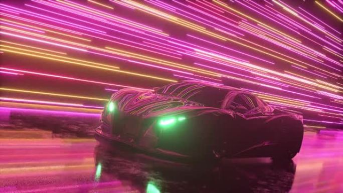未来主义概念。跑车的背景上发光的霓虹灯线。粉色紫色。无缝循环的3d动画