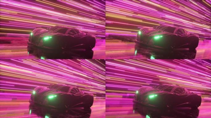 未来主义概念。跑车的背景上发光的霓虹灯线。粉色紫色。无缝循环的3d动画