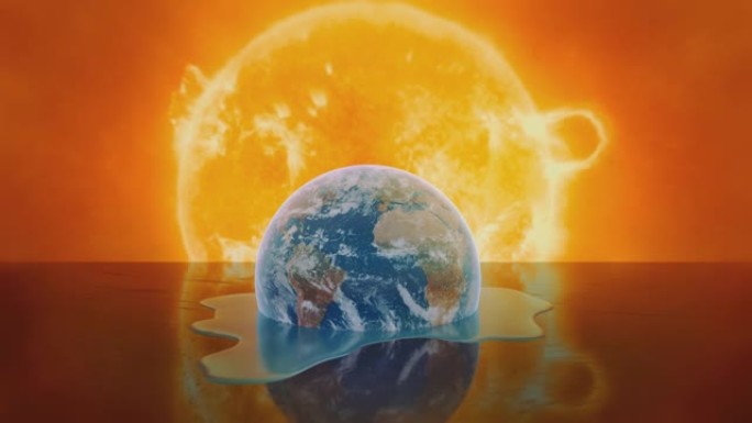 地球融化成水，背景是太阳。全球变暖象征性动画。
