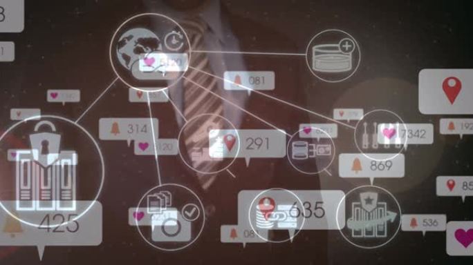 商人触摸交互式屏幕上的社交媒体图标和数字的动画