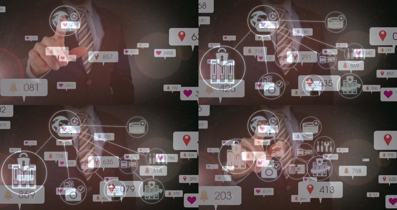 商人触摸交互式屏幕上的社交媒体图标和数字的动画