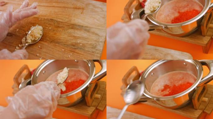我准备并研磨大蒜。自制辣椒酱。4k视频