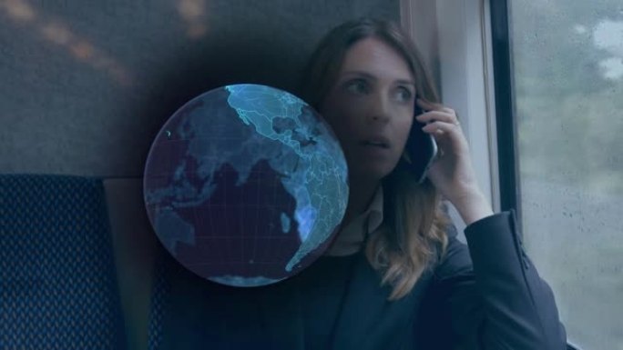 蓝色全球网络在智能手机上聊天的女商人上的动画