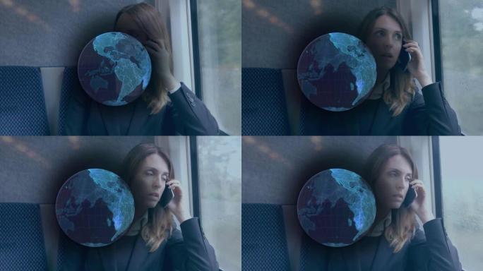 蓝色全球网络在智能手机上聊天的女商人上的动画