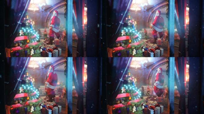 圣诞老人和他的快乐帮手精灵在圣诞节期间狂舞，暴风雪在窗外咆哮。循环动画非常适合圣诞节和除夕背景。