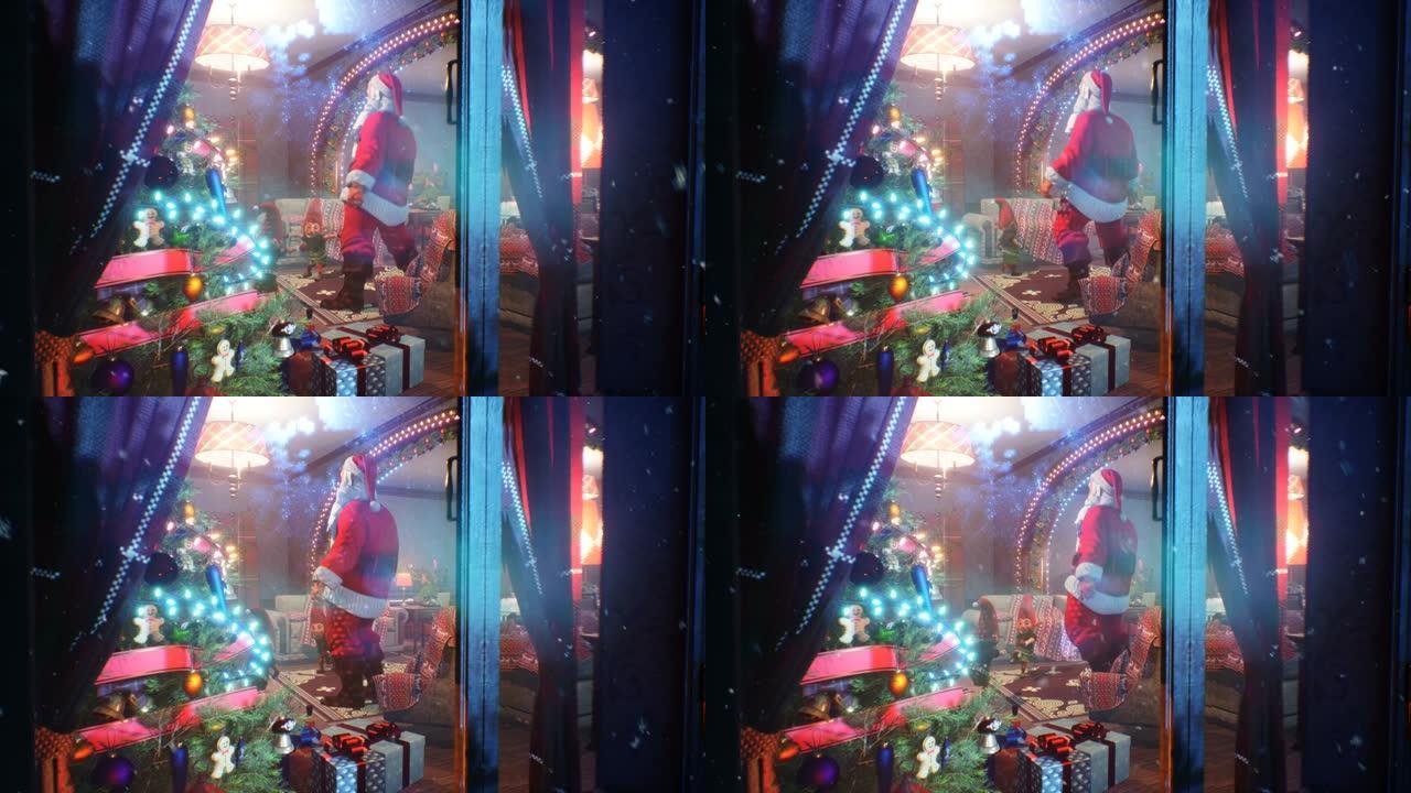 圣诞老人和他的快乐帮手精灵在圣诞节期间狂舞，暴风雪在窗外咆哮。循环动画非常适合圣诞节和除夕背景。