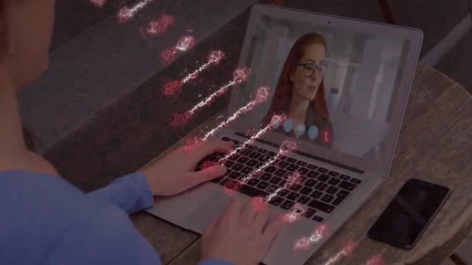 在笔记本电脑视频通话中，dna链在女人身上旋转的动画