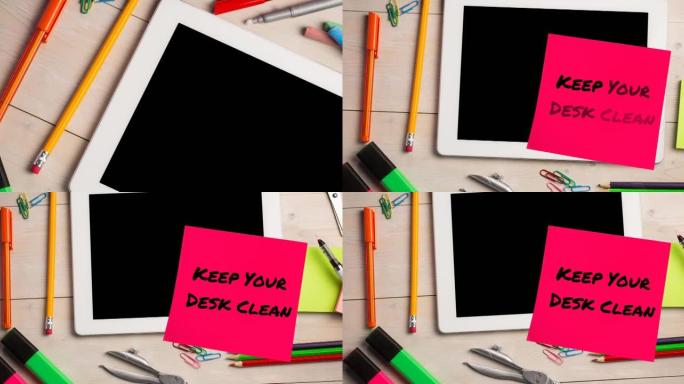 动画保持你的桌子干净的备忘录笔记上的文字在写字台上