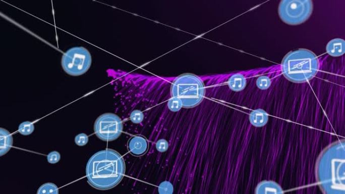 紫色光迹上带有数字图标的连接网络动画