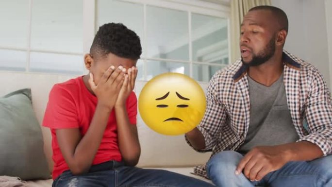 非洲裔美国父亲与儿子交谈时悲伤的表情符号动画