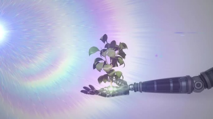 机器人手臂手中的植物生长动画，灰色背景上有棱柱形光