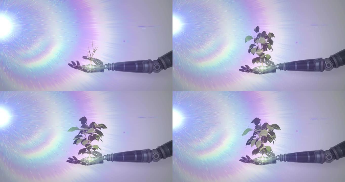 机器人手臂手中的植物生长动画，灰色背景上有棱柱形光