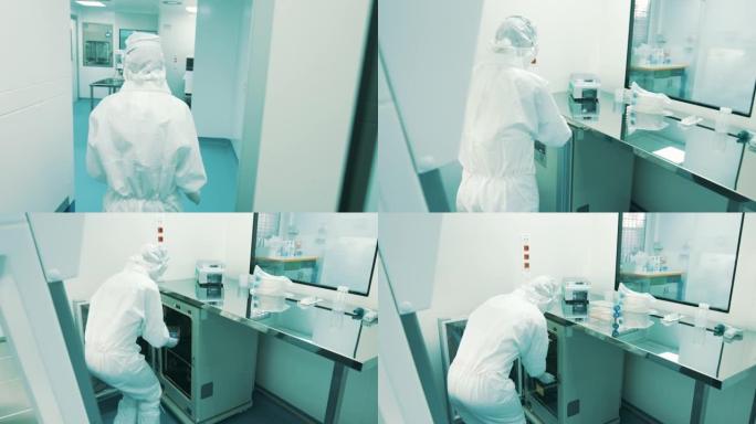 实验室科学家走过洁净室